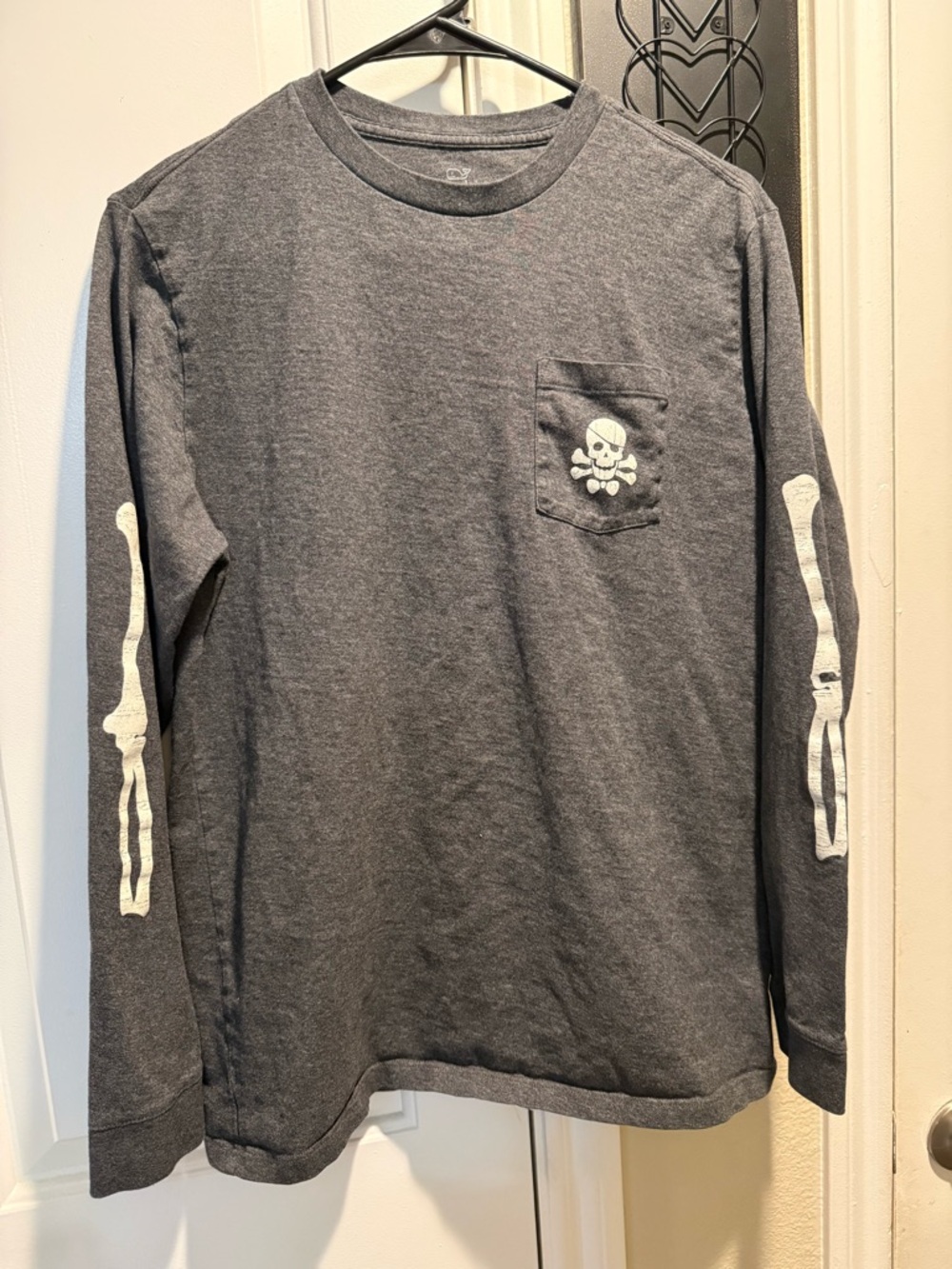 Kids Long Sleeve Pocket Tee with Skull Graphic - Charcoal Gray